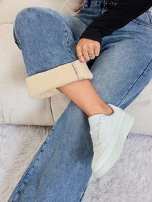 SHEIN Tall 秋冬季女士带口袋阔腿宽松休闲保暖牛仔裤，外出保暖卡其色保暖内衬破洞低腰直筒蓝色牛仔裤 - 中等水洗藍 - 查看 6