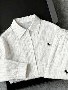 Franclia Women's Casual Striped Embroidered Sun Protection Shirt And Loose Pants 2 Pieces Set, Summer