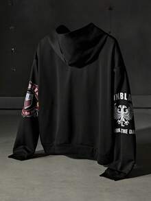NEON BLANC Men's Letter Graphic Hoodie, For Fall Winter, Long Sleeve Top - Black - View 2