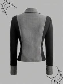 Rina Fox Áo sơ mi cổ polo kẻ sọc chắp vá thời trang nữ 2025 - màu đen - Xem 7