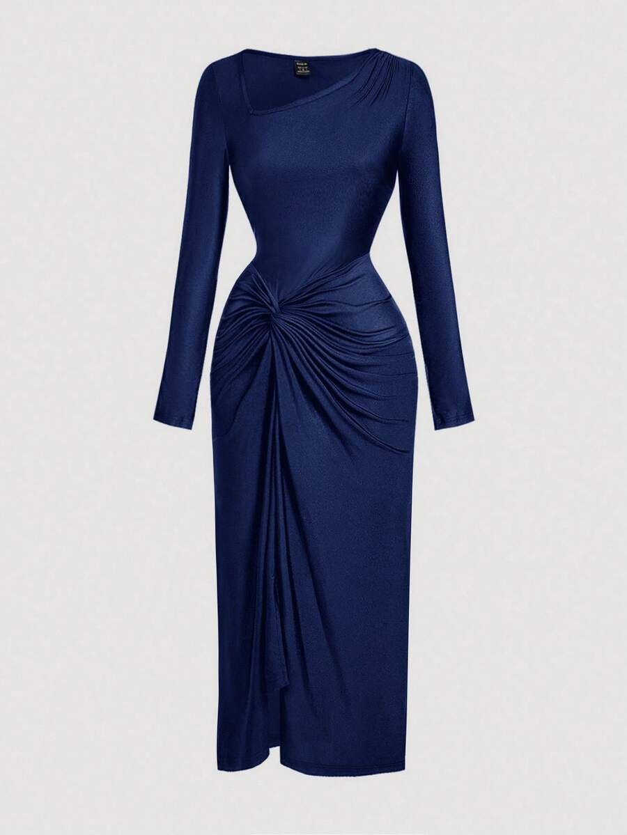 SHEIN MOD Solid Color Asymmetrical Neckline Ruched Twist Long Dress ,Wedding Guest Dress Women - Navy Blue - View 1