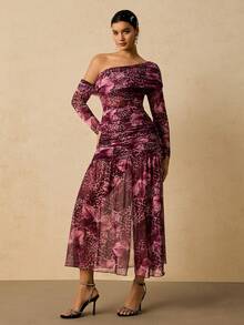 SHEIN VCAY Plus Size Romantic Party Cold-Shoulder Sexy Fitted Leopard & Floral Print Long Sleeve Maxi Dress