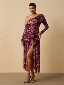 SHEIN VCAY Plus Size Romantic Party Cold-Shoulder Sexy Fitted Leopard & Floral Print Long Sleeve Maxi Dress