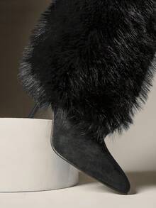 SHUZIA 时尚女式黑色仿毛绒高跟细高跟靴一脚蹬尖头及膝保暖秋冬假日鞋 - 黑色 - 查看 5