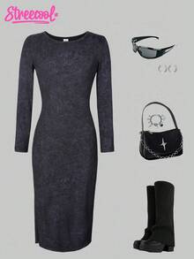 SHEIN Explorewe Streecool Tween Girl Teenage Girls' Fashionable Casual Elegant Side Slit Square Neck Fitted Long Sleeve Dress, Spring/Autumn - Grey - View 3