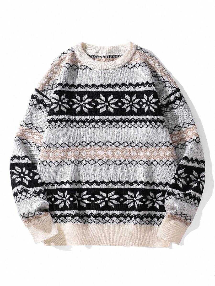 Manfinity Homme 男士全印花圆领长袖套头毛衣，秋冬 - 彩色 - 查看 1