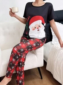 Dream Adore 2pcs Santa Claus Oversized Print Short Sleeve Top & Pants Pajama Set, Christmas - Multicolor - View 1