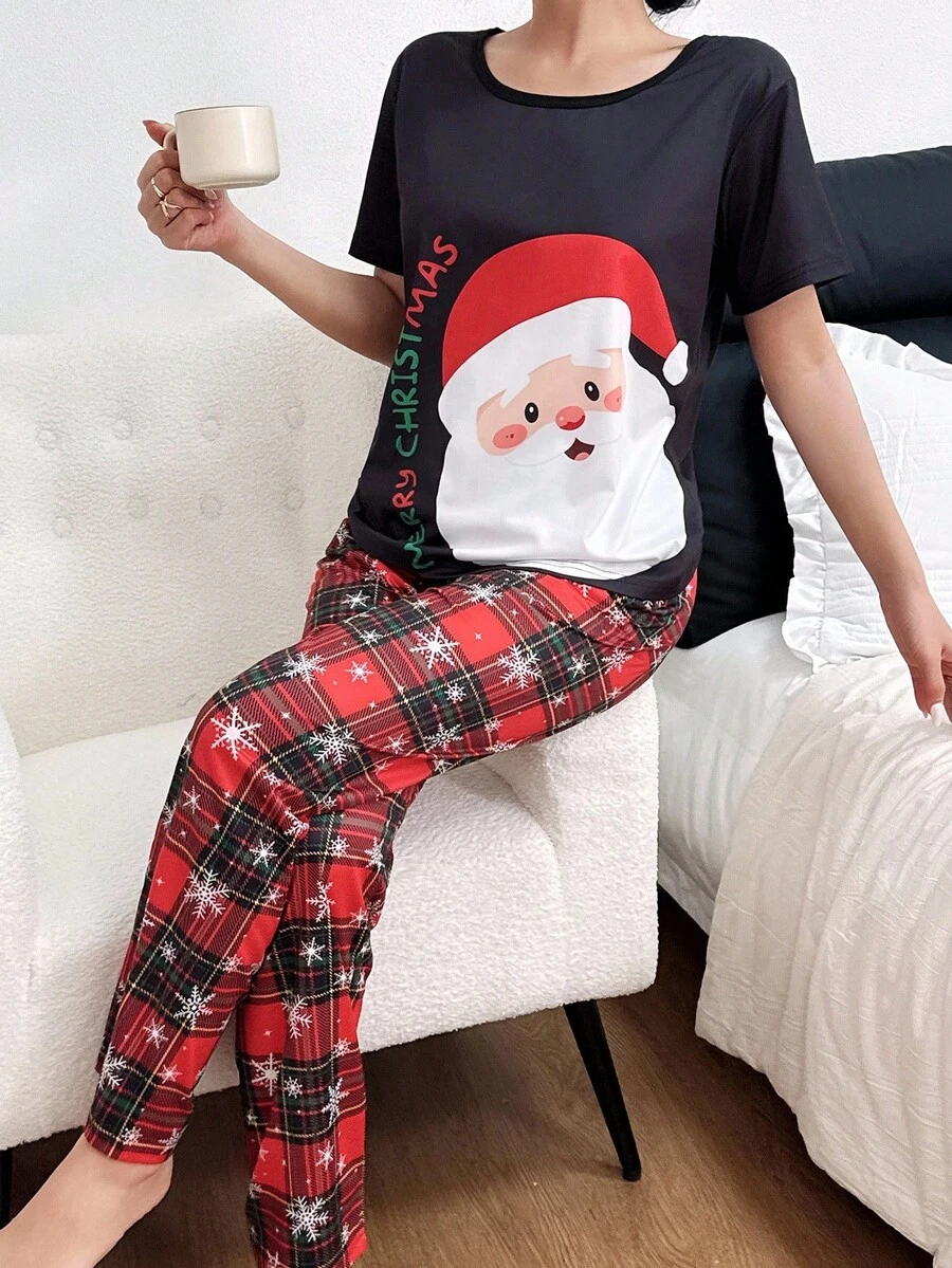Dream Adore 2pcs Santa Claus Oversized Print Short Sleeve Top & Pants Pajama Set, Christmas - Multicolor - View 1