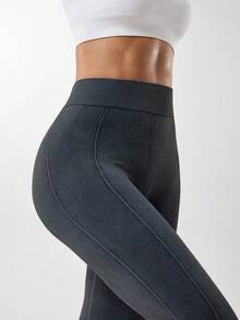 Seamluxe SHEIN Sport 1 件装麻灰色水洗 V 腰无缝针织高弹力瑜伽紧身裤，舒适休闲运动 - 黑色 - 查看 7