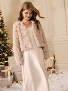 Conjunto de chaqueta de tela suave de unicolor de manga larga y cuello redondo holgada, y vestido maxi sin mangas de unicolor, estilo minimalista de moda diaria para niñas, otoño/invierno