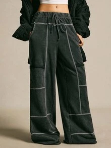 SoleilVie 女式哥特式松紧腰口袋休闲裤，秋冬 - 黑色 - 查看 1