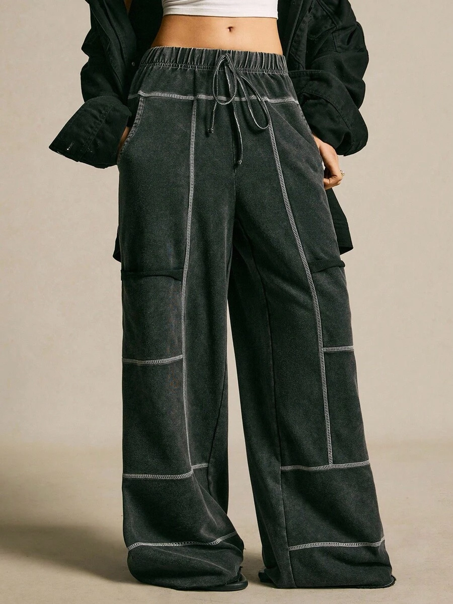 SoleilVie 女式哥特式松紧腰口袋休闲裤，秋冬 - 黑色 - 查看 1