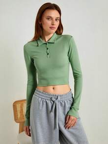 SHEIN Cottnline Button Half Placket Ribbed Knit T-shirt - Mint Green - View 5