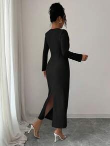 Selianne 女士优雅时尚通勤休闲舒适迷人复古简约高端浪漫假日长袖V领收腰褶皱纯色修身连衣裙 - 黑色 - 查看 2