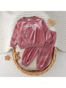 Loomiva 2 件套女婴字母图案针织柔软圆领长袖套头衫和松紧腰裤套装 - 粉色 - 查看 1