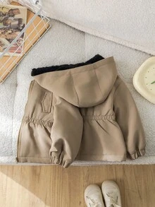 SHEIN 1 chiếc áo khoác nỉ dài tay trễ vai màu trơn cho bé gái, mùa thu/đông - Màu Khaki - Xem 3