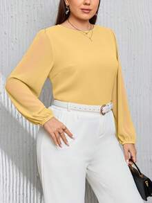 SHEIN Privé 大码女式纯色圆领灯笼袖宽松时尚衬衫 - 黃色 - 查看 6