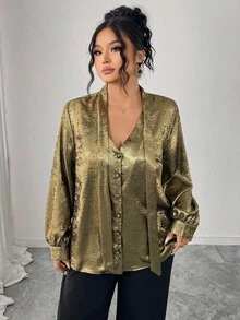 SHEIN Elenzya 大码女式梭织常规秋冬优雅金箔灯笼袖V领系带衬衫 - 金色 - 查看 3