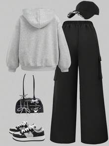 SHEIN Sparklyn 2 件套青少年女孩字母印花连帽卫衣 + 绿色工装裤休闲街头风格服装，秋冬