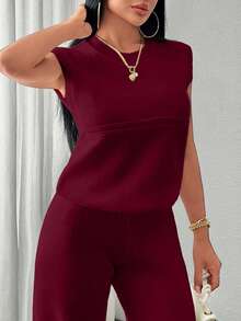 Two Pieces Sleeveless Knit Set Featuring Minimalist Crew Neck Top And High-Waisted Ribbed Pants In Soft Ivory - Burgundy - View 4
