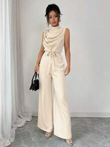 Elenzga Women's Elegant Green Mandarin Collar Ruched Sleeveless Jumpsuit, Fitted Waist, Spring/Summer - Apricot - View 7