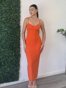 Andrea Bello Damen Abschlusskleid in Orange mit Einfarbig, langem Brustabschluss und eng anliegender Mesh-Partie - Orange - Übersicht 3