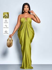 SOLERSUN 大码女式秋冬时尚通勤日常金属装饰褶皱抹胸紧身长裙，无肩带无袖茧型裹身褶皱草绿色针织面料性感，毕业礼服，派对礼服，婚礼宾客礼服，舞会礼服，女士奢华晚礼服，闪亮礼服，万圣节，圣诞节，新年， - 綠色 - 查看 2