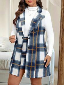 Vionelle Bộ vest không tay và váy kẻ caro cỡ lớn cho nữ - Màu xanh lam - Xem 3