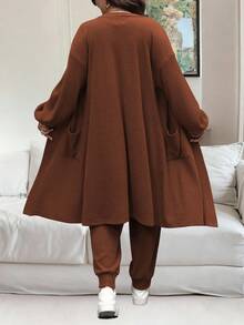 Vionelle Plus Size Solid Color Ribbed Jumpsuit And Jacket 2 Pieces Set, Casual For Everyday Wear, Autumn/Winter - Rust Brown - View 2