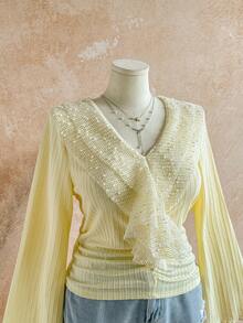 Soleia Camiseta con volantes y cuello de lentejuelas para mujer de talla grande, adecuada para fiestas y vacaciones - Amarillo claro - Ver 4