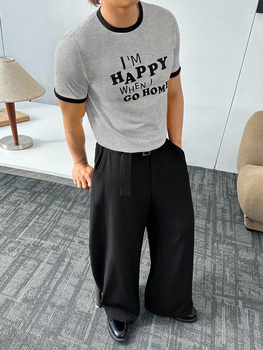 ESTAVOR 男士休闲针织印花圆领T恤，适合夏季 - 灰色 - 查看 1