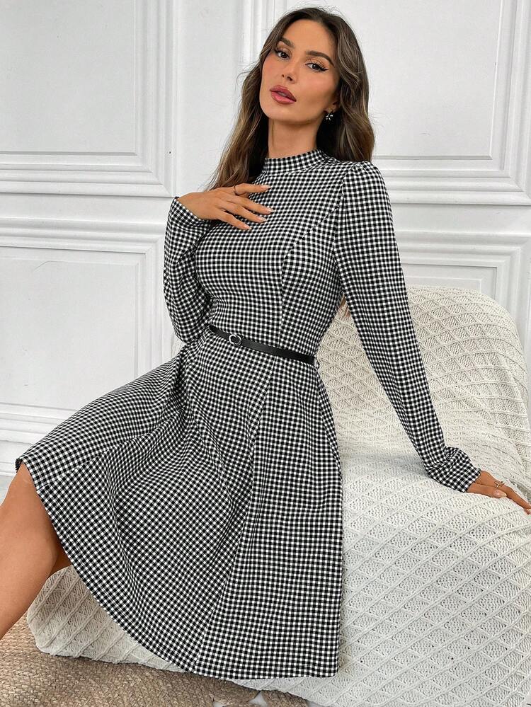 Women's Black And White Plaid Stand Collar Elegant Long Sleeve Midi Dress,Autumn Vintage Office Checkered Fall Dresses For Women Outfit