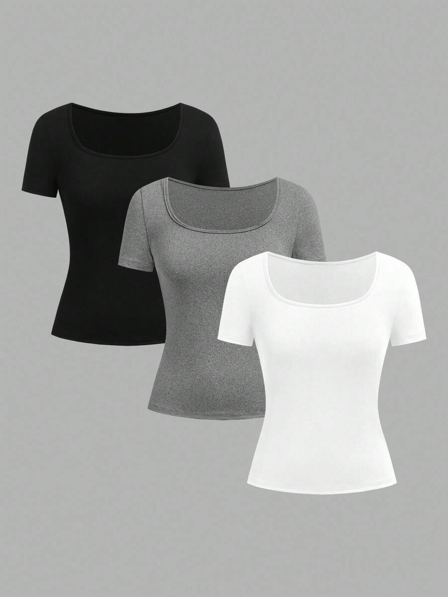 SHEIN EZwear 3 件女士短袖短款休闲修身 T 恤,适合夏季 - 彩色 - 查看 1