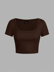 SHEIN EZwear Bộ 4 áo thun nữ cổ tròn, vuông, tay ngắn, họa tiết tối giản, phù hợp cho mùa hè - Nhiều màu - Xem 10