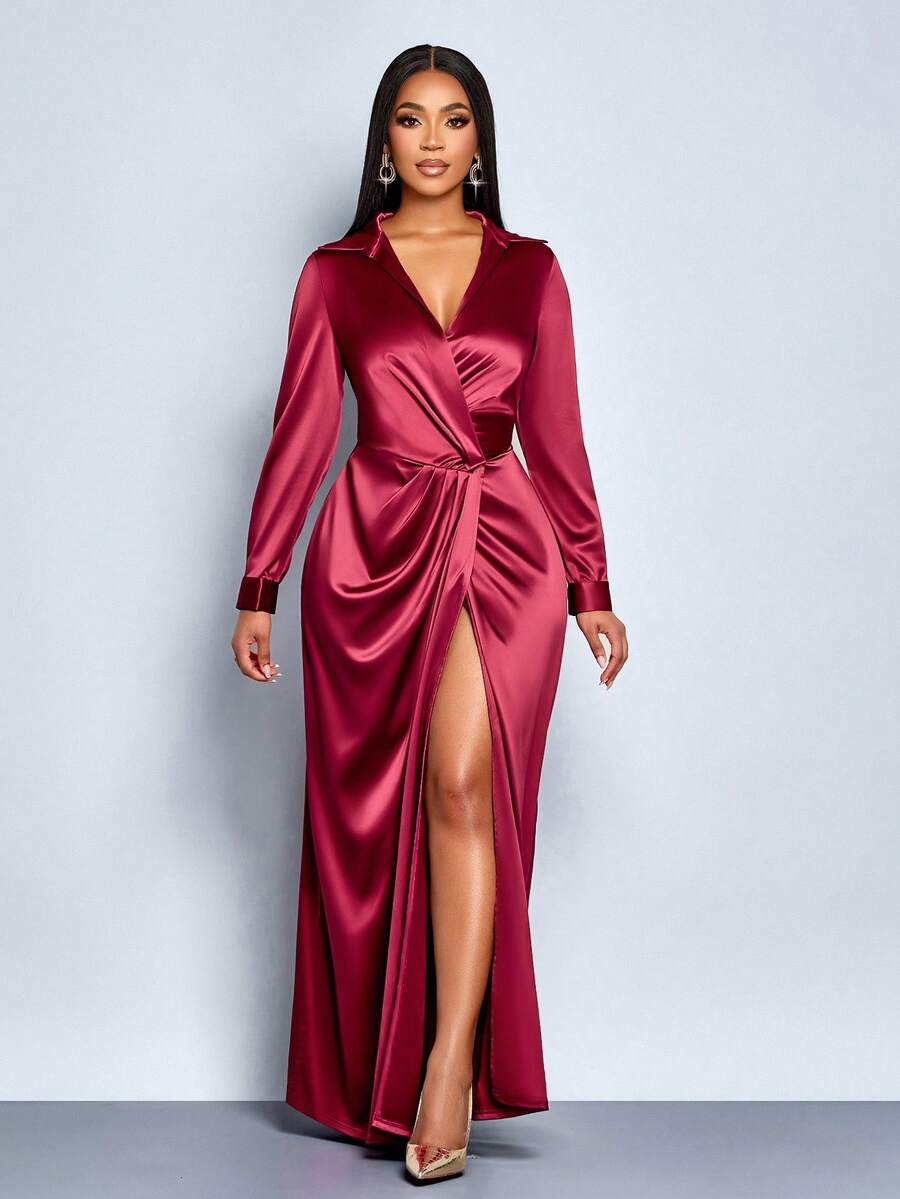 SOLERSUN Elegant Burgundy Autumn Dining Dress For Women,Sparkly Red Homecoming Wedding Graduation Party Dress,Thanksgiving Christmas New Year Teacher Outfits - Red - View 1