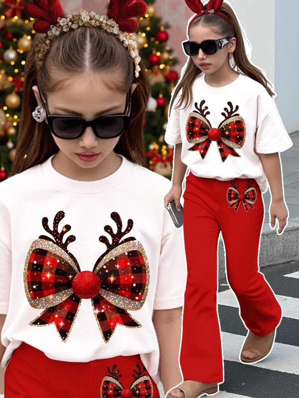 SHEIN 2 件套青少年女孩休闲格子鹿和雪花印花短袖 T 恤和裤子套装，适合夏季、秋季日常穿着、圣诞派对、街头风格、家居