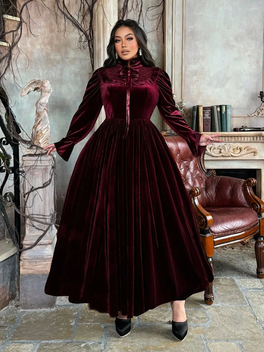 Lyrianda Christmas Plus Size Velvet Ruffle Hem Dress