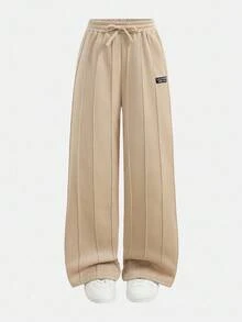 Girlism 青少年女孩返校休闲运动街头服饰卡其色套装，长袖短款褶饰 T 恤和直筒运动裤 - 卡其色 - 查看 8