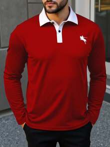 ResortEase Camisa polo de manga larga casual con bordado y ribete de contraste para hombres de talla grande, camisa polo de rugby de manga larga roja, otoño