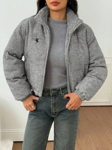 SHEIN PETITE 女士升级款灰色纯色拉链休闲针织外套，适合秋冬季、感恩节、居家和户外活动穿着。 - 灰色 - 查看 3