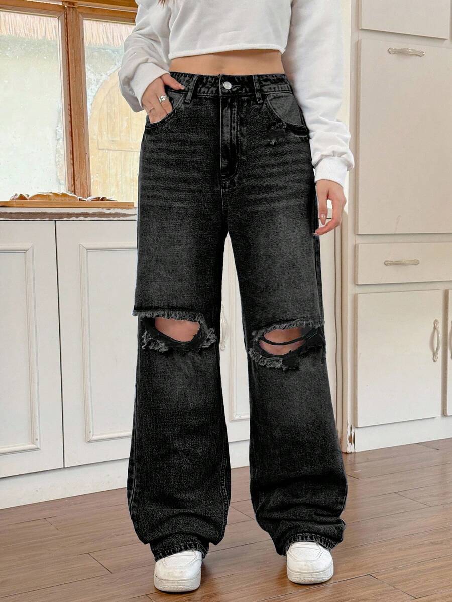 SHEIN EZwear Casual Washed Distressed Straight Leg Jeans - Black - View 1