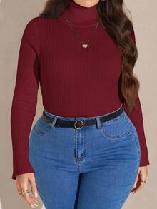 SHEIN LUNE Bộ 3 món dành cho nữ ngoại cỡ: Áo len chui đầu cổ lọ màu trơn đơn giản, dáng ôm, thích hợp mặc đi làm hàng ngày, Thu/Đông - Nhiều màu - Xem 6