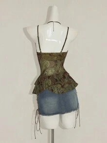 SHEIN ICON Women's Sexy Millennial Style Y2K Young Fashion Bohemian Style Green Paisley Pattern Print Bow Tie V-Neck Asymmetrical Ruffle Hem Slim Fit Top