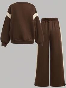 SHEIN Girlism 少女休闲/校园、返校、运动/圆领/刺绣/猪鼻扣/松紧下摆/连帽衫/运动裤/两件套/波西米亚风/街头服饰~套头衫~运动服~舒适 - 棕色 - 查看 2