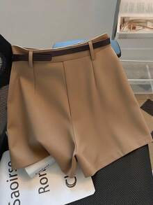 Franclia Casual Commuter Fashion Versatile Mid-High Waist With Belt Summer New Solid Color Women Shorts - Brown - View 2