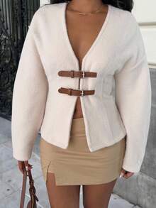 SHEIN EZwear Women's Autumn/Winter V-Neck Cinched Waist Leather Buckle Decor Flared Sleeve Wool Blend Coat,For Going Out Outfits