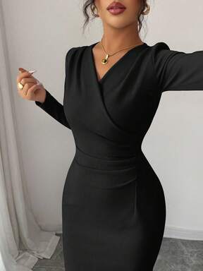 Selianne Damen elegantes, modisches, pendlerfreundliches, bequemes, charmantes, retro, einfaches, hochwertiges, romantisches Urlaubskleid mit Langarm, V-Ausschnitt, Taillengürtel, Falten und einfarbigem, anliegendem Design