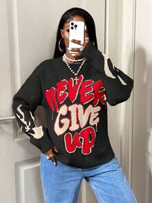 BamGleam Suéter de Tricô Casual Solto Feminino com Bloco de Cores, Inverno - Preto - Visão 4