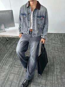 Manfinity BRENVOR 男士秋季撞色翻领长袖单排扣休闲牛仔夹克 - 藍色 - 查看 5