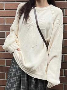 FRIFUL Women's Solid Color Round Neck Raglan Sleeve Bow Crochet Design Loose Casual Versatile Sweater, Autumn/Winter - Beige - View 5